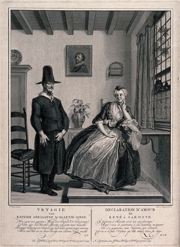 A woman sits and rejects her companion&#39;s declaration of love with scorn_Engraving by J Punt and P Tanje after C Troost