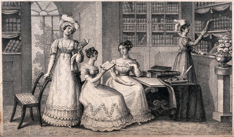 Four elaborately-dressed ladies consulting books in a private library